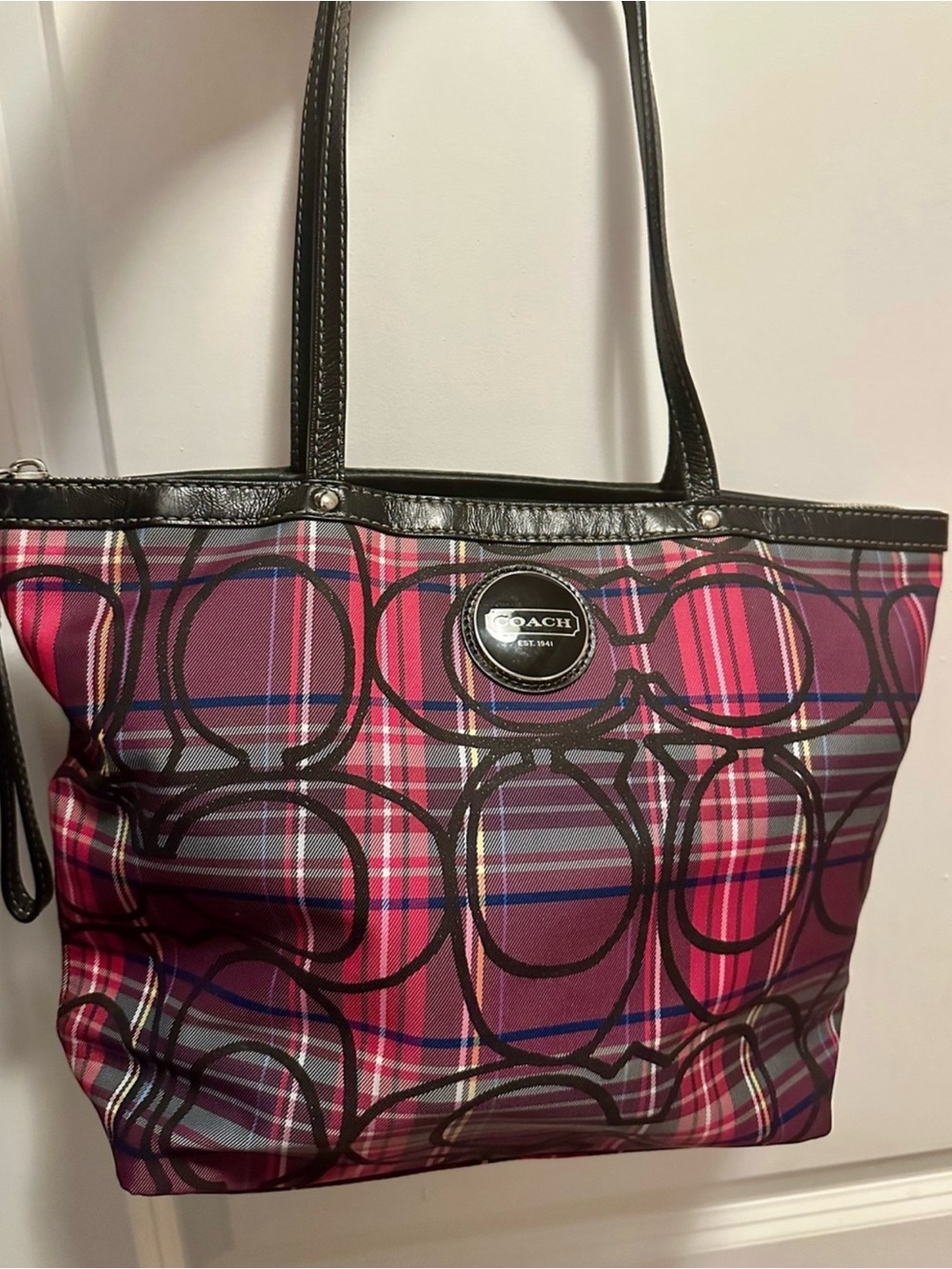 Coach Pink and Purple Plaid Signature Tote with Black Trim